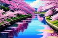 Japan Sakura festival of Cherry tree blossom explosion. AI generated landscape Royalty Free Stock Photo