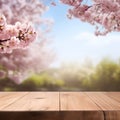 Sakura cherry tree blooms backgrounds with empty wooden table. Generated AI Royalty Free Stock Photo