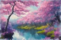 Sakura cherry tree blossom digital art landscape Royalty Free Stock Photo