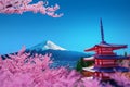 Sakura at the Churito Red Pagoda View of Mount Fuji and Yamanashi in Japan. Royalty Free Stock Photo