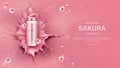 Sakura cosmetics bottle mock up background, beauty
