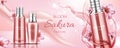 Sakura cosmetics bottles mockup banner, face care