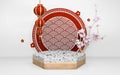 Sakura decoration and hexagon granite podium red concept. 3D rendering