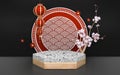 Sakura decoration and hexagon granite podium red concept. 3D rendering