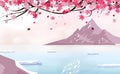 Sakura falling scatter with full moon, landscape with ice mountain, season change japanese background traveling poster concept,