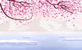 Sakura falling scatter, landscape with ice mountain, season change holiday japanese background traveling poster concept, vector