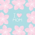 Sakura flowers big frame. Japan blooming cherry blossom set Blue background I love mom Happy mothers day Text with heart sign Royalty Free Stock Photo