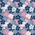 Sakura flowers in blue and pink japanese geometric pattern with stripes and waves texture