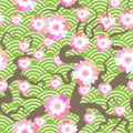 Sakura flowers seamless pattern Nature background with blossom branch of pink flowers. Cherry tree brown branches japanese wave c Royalty Free Stock Photo