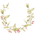 Sakura flowers watercolor illustration. Blossom petal wreath