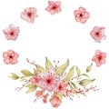 Sakura flowers watercolor illustration. Blossom petal wreath