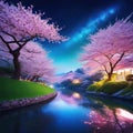 Sakura garden ethereal dreamy night Beautiful