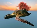 Sakura garden on a flying turtle - 3d art Royalty Free Stock Photo