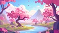 Sakura garden on a mountain background. Flowing water between cherry blossom trees and pink flowers, Asian spring park Royalty Free Stock Photo