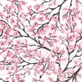 Sakura japan cherry branch with blooming flowers vector illustration. Hand drawn style. Seamless surface pattern. Royalty Free Stock Photo