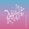 Sakura japanese cherry branch with flowers vector illustration. Blossoming tree with falling petals hand drawn sketch.