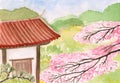 Sakura, Japanese cherry tree blossoms and traditional Japanese house with red roof, watercolor hand-drawn illustration