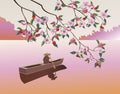 Sakura . A lone boatman, Royalty Free Stock Photo