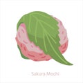 Sakura mochi. Sticky rice traditional japanese sweet pastry wrapped in green sakura leaf