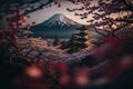 Sakura Pagoda and mountain with a snowy peak in the background. Spring flowering trees. Generative Ai Royalty Free Stock Photo