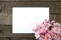 Sakura, paper and wooden background Royalty Free Stock Photo