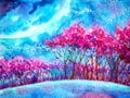 Sakura pink cherry blossom abstract art in universe power mind watercolor painting illustration design drawing