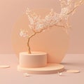 Sakura Pink Flower Tree Branch on Beige Podium: Ideal for Cosmetic and Beauty Product Promotion with Spring Mock up and Copy Space