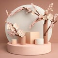 Sakura Pink Flower Tree Branch on Beige Podium: Ideal for Cosmetic and Beauty Product Promotion with Spring Mock up and Copy Space