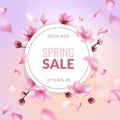 Sakura sale. Spring discount, pink cherry blossom flowers and flying petals, floral decor for web japanese voucher and