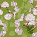 Sakura. Seamless pattern. Pink Cherry blossom branches with leaves. Spring botanical illustration. Royalty Free Stock Photo