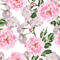 Sakura. Seamless Pattern. Pink Cherry Blossom Branches With Pink Dog Roses.