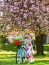 Sakura season. Romantic bike ride. Tourism concept. Transportation and travel. Girl long dress retro cruiser bicycle Royalty Free Stock Photo