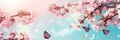 Sakura Serenity: A Delicate Background of Cherry Blossom Branches and Butterflies. Generative AI.