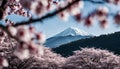 Sakura Splendor - Cherry Blossoms by a Snow-Capped Mountain Royalty Free Stock Photo