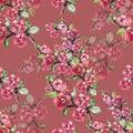 Branch Flowers Sakura. Handiwork Watercolor Seamless Pattern on a Lilac Background.