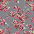 Branch Flowers Sakura. Handiwork Watercolor Seamless Pattern on a Gray Background.