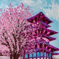 Sakura Tree and Pagoda, oil painting.