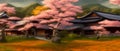 Sakura trees bloom and fuji, spring landscape,