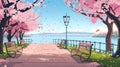 Sakura trees blooming along a promenade in a river-side park. Modern illustration depicting a sunny spring day in a Royalty Free Stock Photo
