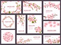 Sakura vector blossom cherry greeting cards with spring pink blooming flowers illustration japanese set of wedding