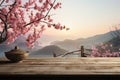 Sakura and wooden table set in a serene morning fog