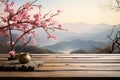 Sakura and wooden table set in a serene morning fog