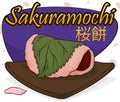 Sakuramochi over Wooden Plate, Sign and Petals Shower for Hanami, Vector Illustration