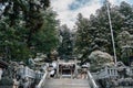 Sakurayama Hachimangu Shrine and forest with winter snow in Takayama, Gifu, Japan