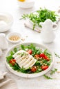 Salad with arugula, mozzarella cheese and pine nuts. Breakfast. Ketogenic, keto or paleo diet. Healthy food.