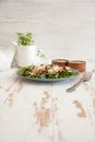 Salad with arugula, shrimps, parmesan cheese and pine nuts Royalty Free Stock Photo