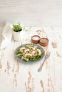 Salad with arugula, shrimps, parmesan cheese and pine nuts Royalty Free Stock Photo