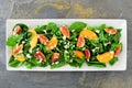 Salad of arugula, spinach, figs and cheese in a white rectangular plate over slate Royalty Free Stock Photo