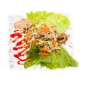 Salad with assorted greens, fried pork, carrots