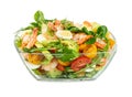 Salad with avocado, shrimp, fresh cherry tomatoes, quail egg and arugula